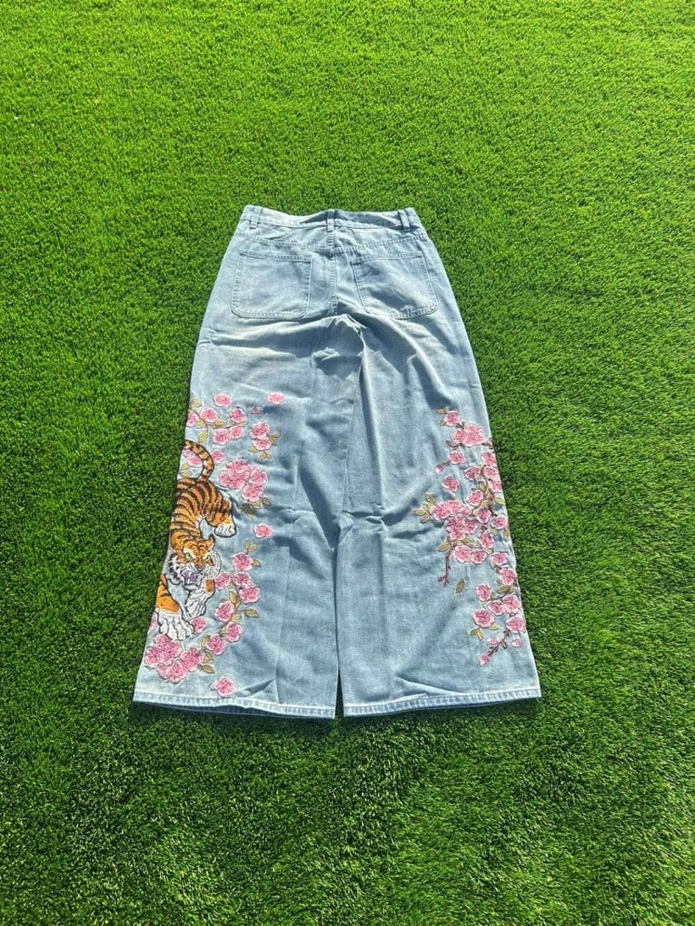 Light Blue Embroidered Wide-Leg Jeans